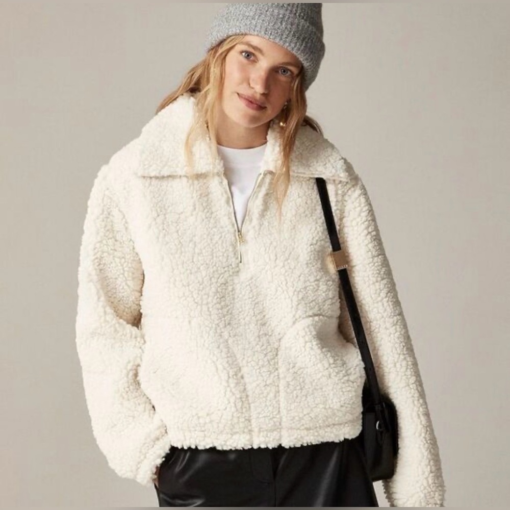 J Crew Sherpa Soft Sherpa Half Zip Fleece Pull Waist Pullover Sweater Jacket